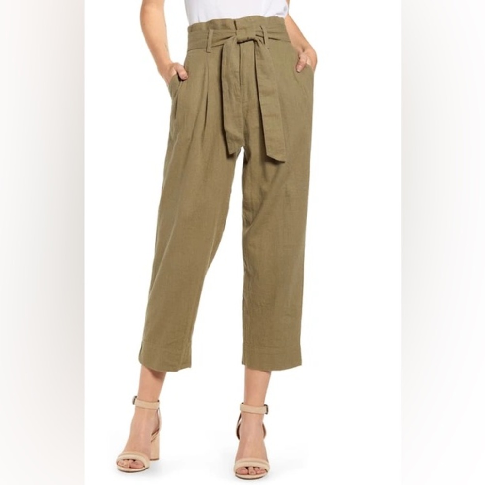 Madewell | Linen Cotton Blend Cropped Paperbag Waist Pants Size 2 Olive Green